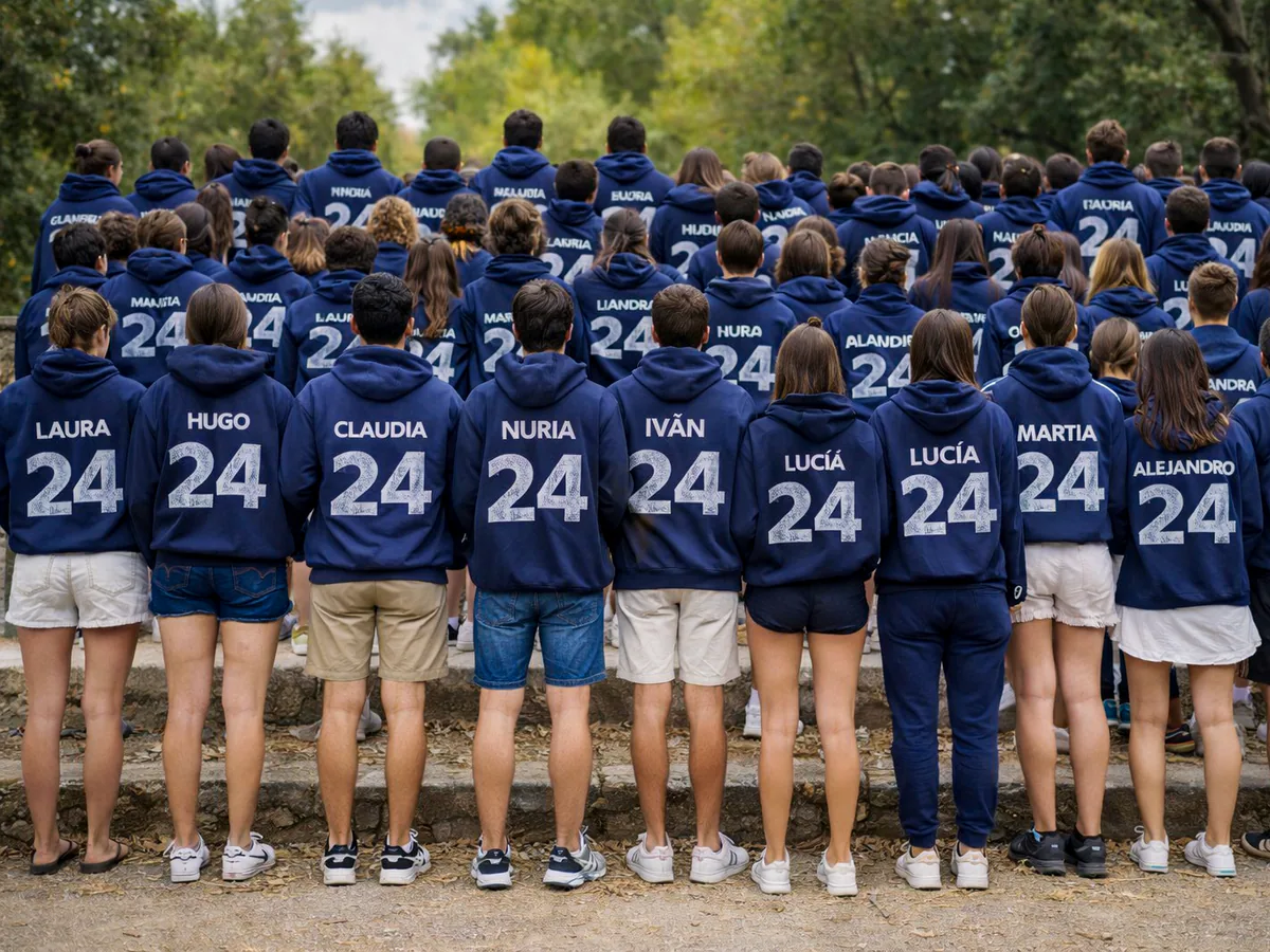 Grupo de estudiantes con sudaderas personalizadas con nombre y número